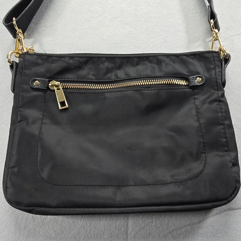 A New Day Black Nylon Crossbody Bag Gold Hardware Adjustable Strap Zip Pocket